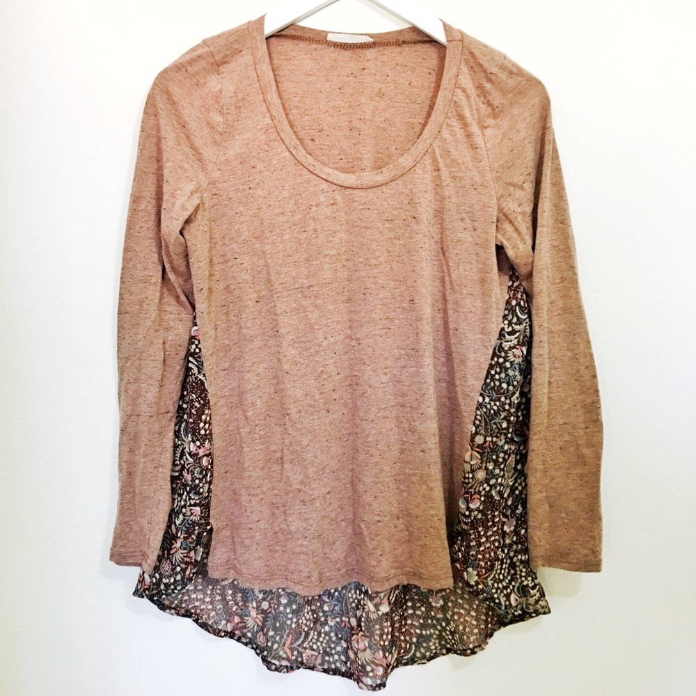 Lush Boho sheer panel high low long sleeve top